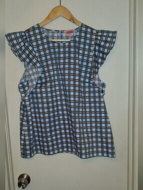 Kate Spade Plaid Flutter Sleeve Top NWOT Size Large